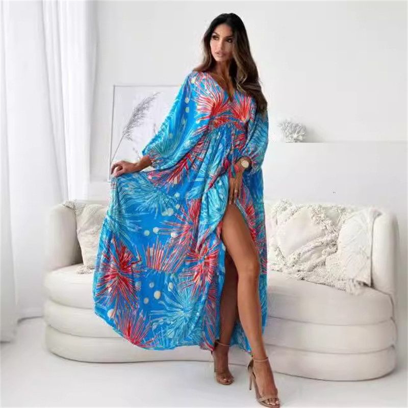New Stylish African Women's Dresses Vibrant Colorful Prints Deep V-Neck 3/4 Bat Sleeves Tie-Waist Pleated Maxi Dress with Flowy Silhouette