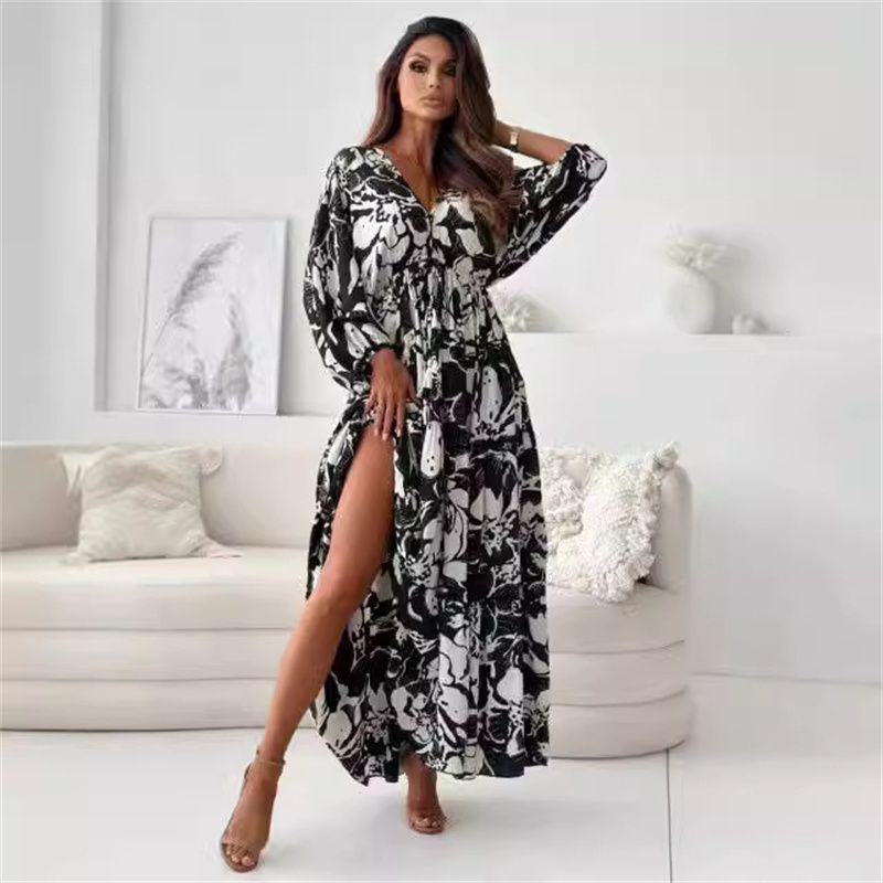 New Stylish African Women's Dresses Vibrant Colorful Prints Deep V-Neck 3/4 Bat Sleeves Tie-Waist Pleated Maxi Dress with Flowy Silhouette