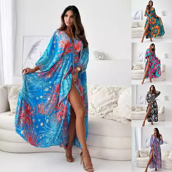 New Stylish African Women's Dresses Vibrant Colorful Prints Deep V-Neck 3/4 Bat Sleeves Tie-Waist Pleated Maxi Dress with Flowy Silhouette
