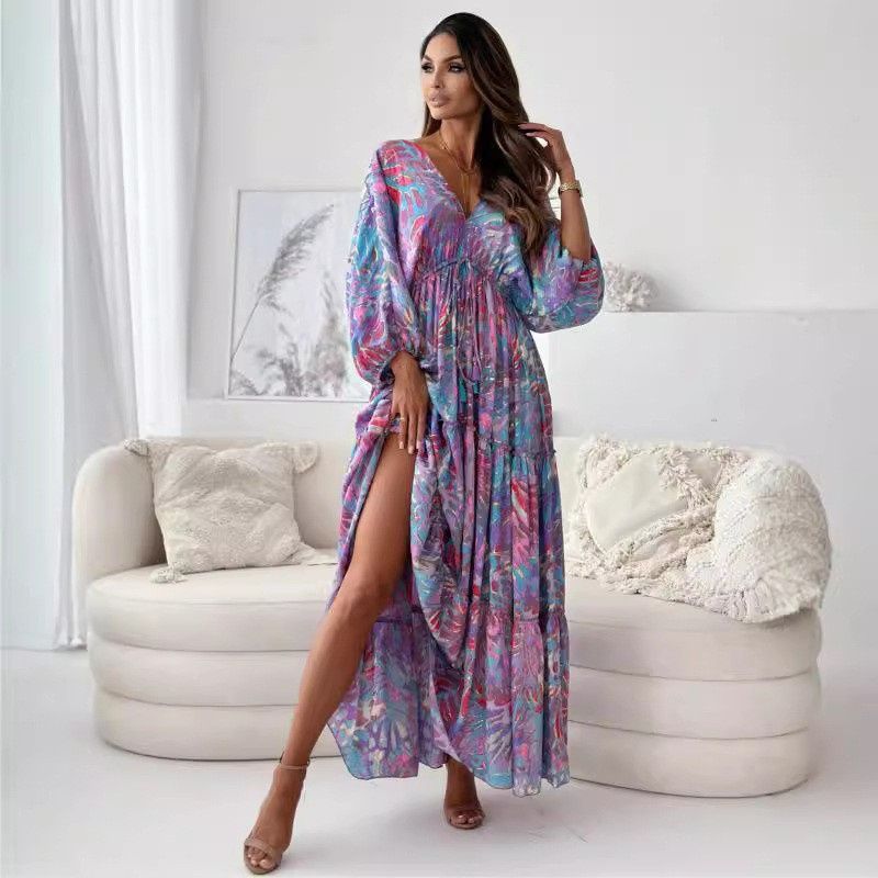 New Stylish African Women's Dresses Vibrant Colorful Prints Deep V-Neck 3/4 Bat Sleeves Tie-Waist Pleated Maxi Dress with Flowy Silhouette