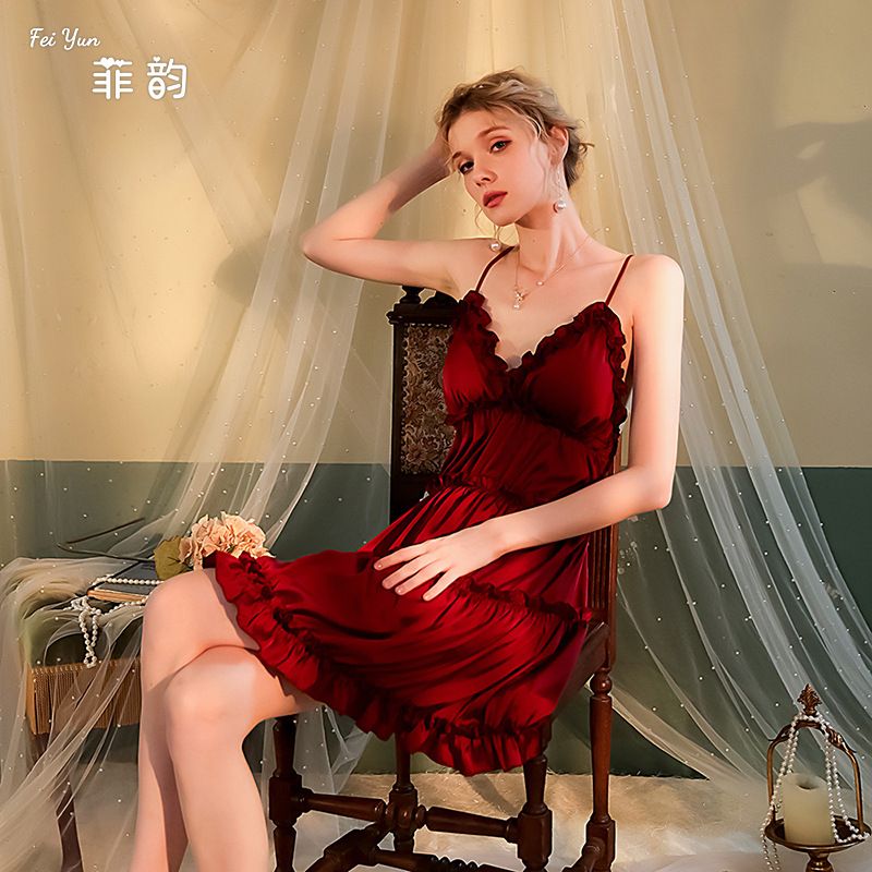 Feiyun Brand New Arrival Women's Satin Lingerie Dress with Padded Bra - Tiered Slip Nightie for Bedroom | Sexy Cake Skirt Sleepwear