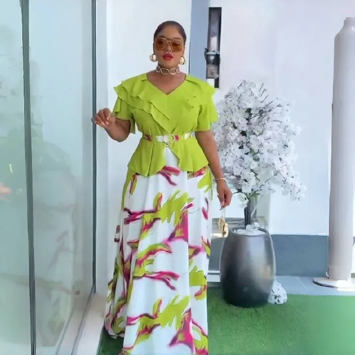 New Plus Size African Style V-Neck Short Sleeve Waist-Cinching Maxi Dress - Flared A-Line Elegant Gown for Work & Banquet with Belt