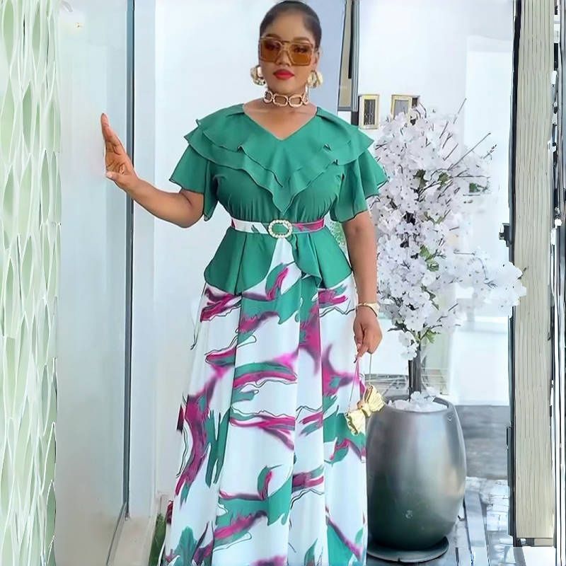 New Plus Size African Style V-Neck Short Sleeve Waist-Cinching Maxi Dress - Flared A-Line Elegant Gown for Work & Banquet with Belt