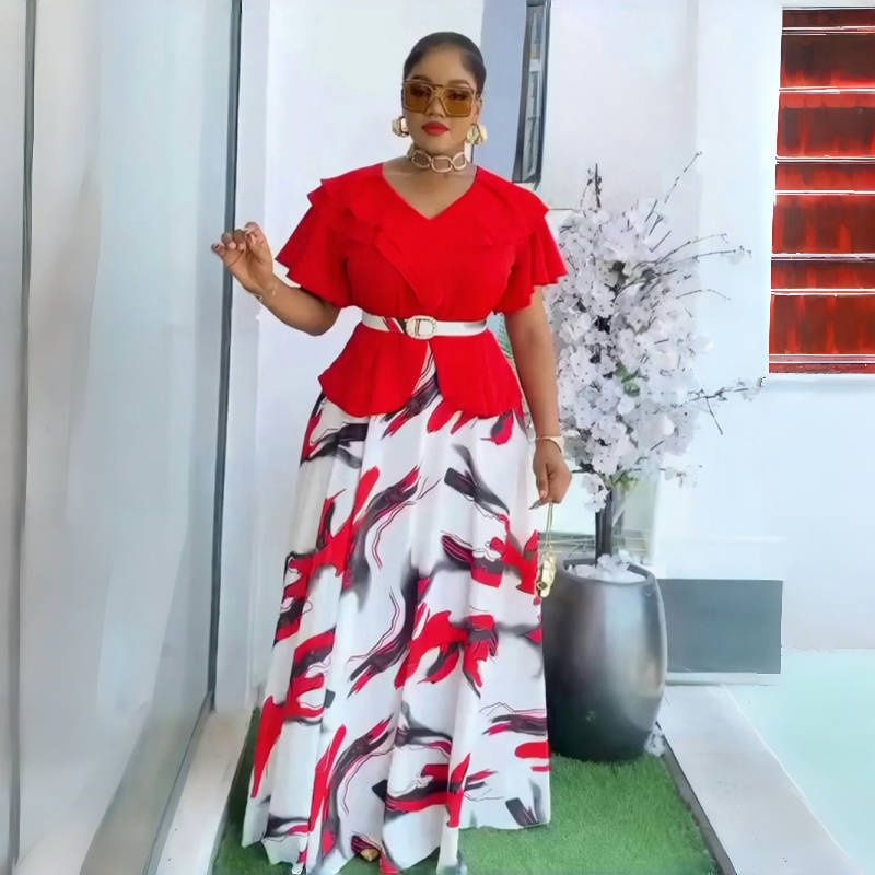 New Plus Size African Style V-Neck Short Sleeve Waist-Cinching Maxi Dress - Flared A-Line Elegant Gown for Work & Banquet with Belt