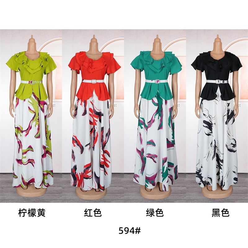 New Plus Size African Style V-Neck Short Sleeve Waist-Cinching Maxi Dress - Flared A-Line Elegant Gown for Work & Banquet with Belt