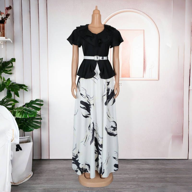 New Plus Size African Style V-Neck Short Sleeve Waist-Cinching Maxi Dress - Flared A-Line Elegant Gown for Work & Banquet with Belt