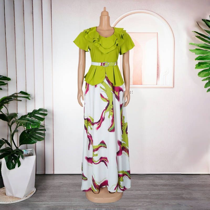 New Plus Size African Style V-Neck Short Sleeve Waist-Cinching Maxi Dress - Flared A-Line Elegant Gown for Work & Banquet with Belt