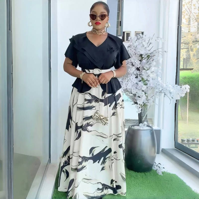 New Plus Size African Style V-Neck Short Sleeve Waist-Cinching Maxi Dress - Flared A-Line Elegant Gown for Work & Banquet with Belt