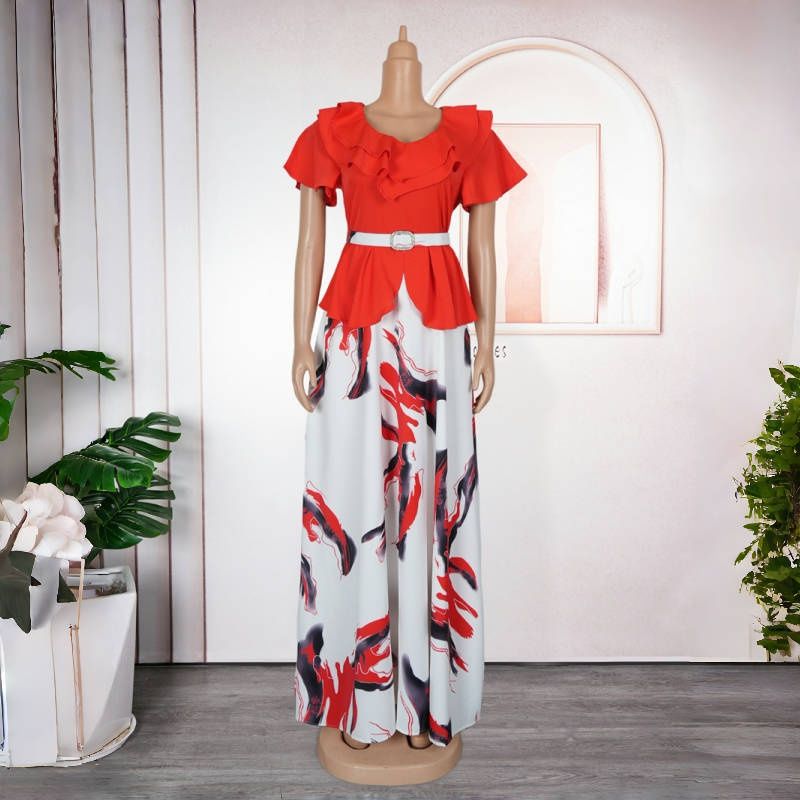New Plus Size African Style V-Neck Short Sleeve Waist-Cinching Maxi Dress - Flared A-Line Elegant Gown for Work & Banquet with Belt