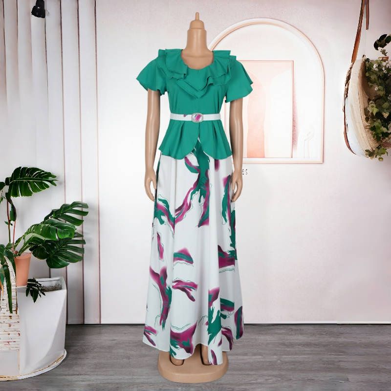 New Plus Size African Style V-Neck Short Sleeve Waist-Cinching Maxi Dress - Flared A-Line Elegant Gown for Work & Banquet with Belt