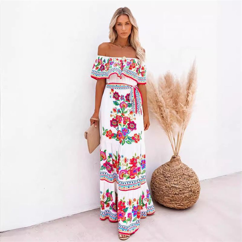 NEW! Stylish Women's Maxi Dress Elegant One-Shoulder Print Flared Long Skirt Perfect for Vacation & Daily Wear Versatile Fashion Dress