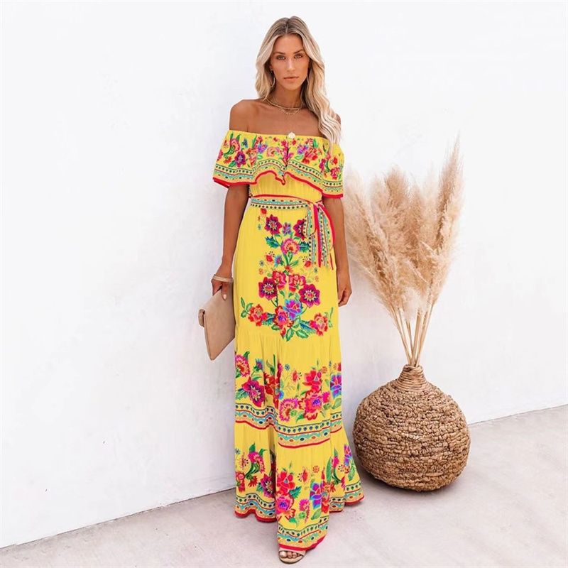 NEW! Stylish Women's Maxi Dress Elegant One-Shoulder Print Flared Long Skirt Perfect for Vacation & Daily Wear Versatile Fashion Dress