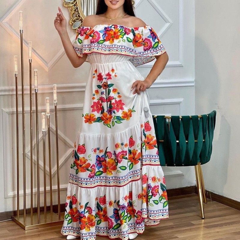 NEW! Stylish Women's Maxi Dress Elegant One-Shoulder Print Flared Long Skirt Perfect for Vacation & Daily Wear Versatile Fashion Dress
