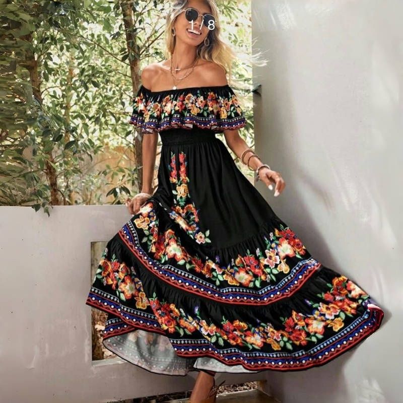 NEW! Stylish Women's Maxi Dress Elegant One-Shoulder Print Flared Long Skirt Perfect for Vacation & Daily Wear Versatile Fashion Dress