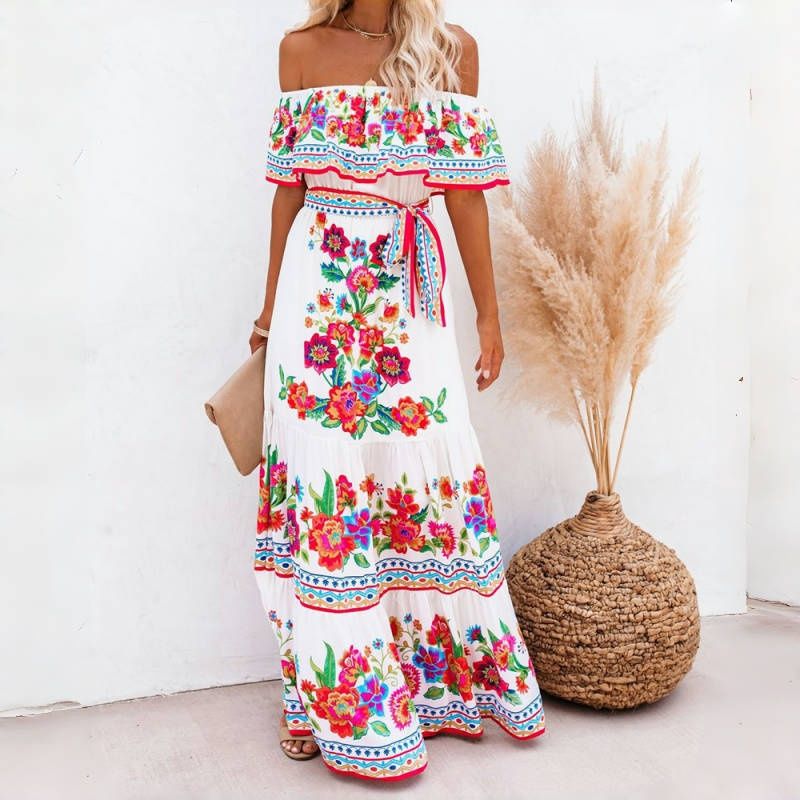 NEW! Stylish Women's Maxi Dress Elegant One-Shoulder Print Flared Long Skirt Perfect for Vacation & Daily Wear Versatile Fashion Dress