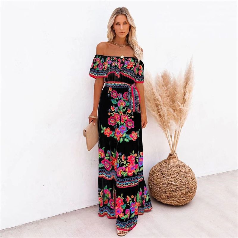 NEW! Stylish Women's Maxi Dress Elegant One-Shoulder Print Flared Long Skirt Perfect for Vacation & Daily Wear Versatile Fashion Dress