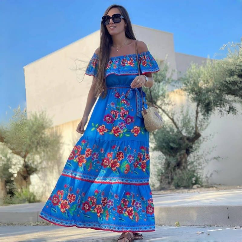 NEW! Stylish Women's Maxi Dress Elegant One-Shoulder Print Flared Long Skirt Perfect for Vacation & Daily Wear Versatile Fashion Dress