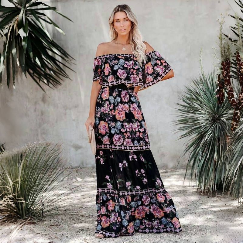 NEW! Stylish Women's Maxi Dress Elegant One-Shoulder Print Flared Long Skirt Perfect for Vacation & Daily Wear Versatile Fashion Dress