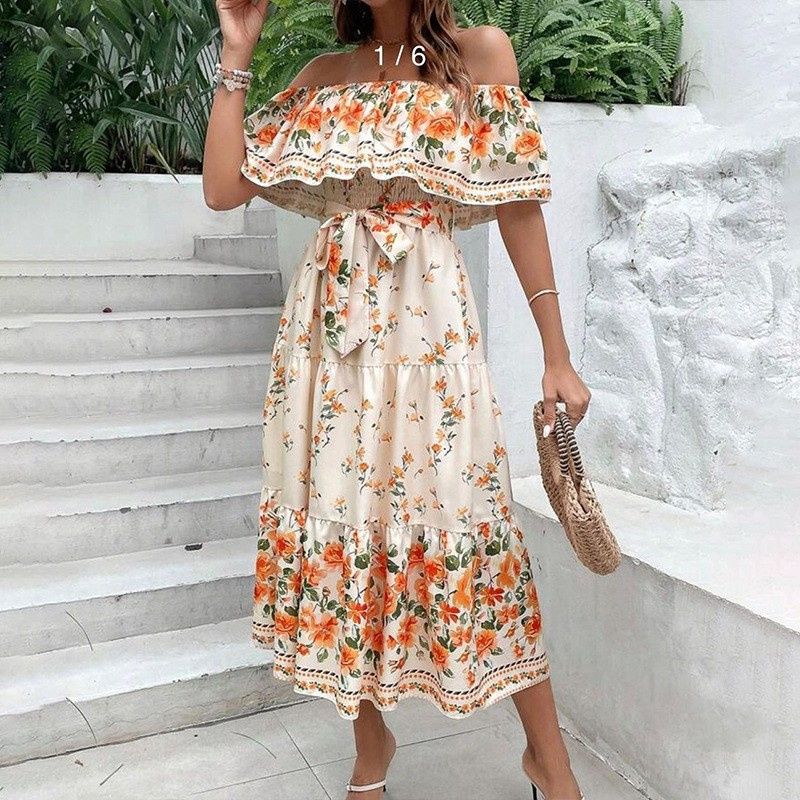 NEW! Stylish Women's Maxi Dress Elegant One-Shoulder Print Flared Long Skirt Perfect for Vacation & Daily Wear Versatile Fashion Dress