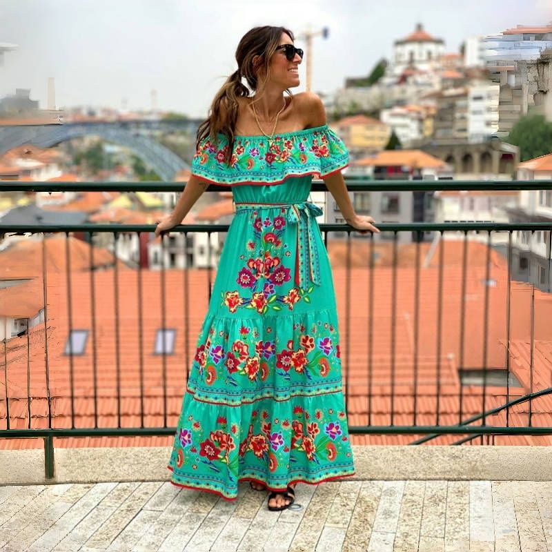 NEW! Stylish Women's Maxi Dress Elegant One-Shoulder Print Flared Long Skirt Perfect for Vacation & Daily Wear Versatile Fashion Dress