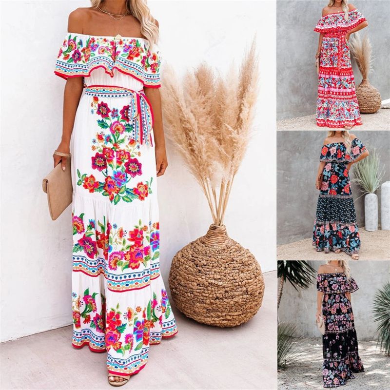 NEW! Stylish Women's Maxi Dress Elegant One-Shoulder Print Flared Long Skirt Perfect for Vacation & Daily Wear Versatile Fashion Dress