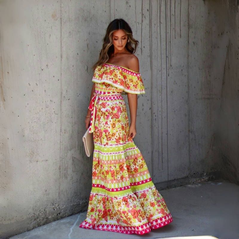 NEW! Stylish Women's Maxi Dress Elegant One-Shoulder Print Flared Long Skirt Perfect for Vacation & Daily Wear Versatile Fashion Dress