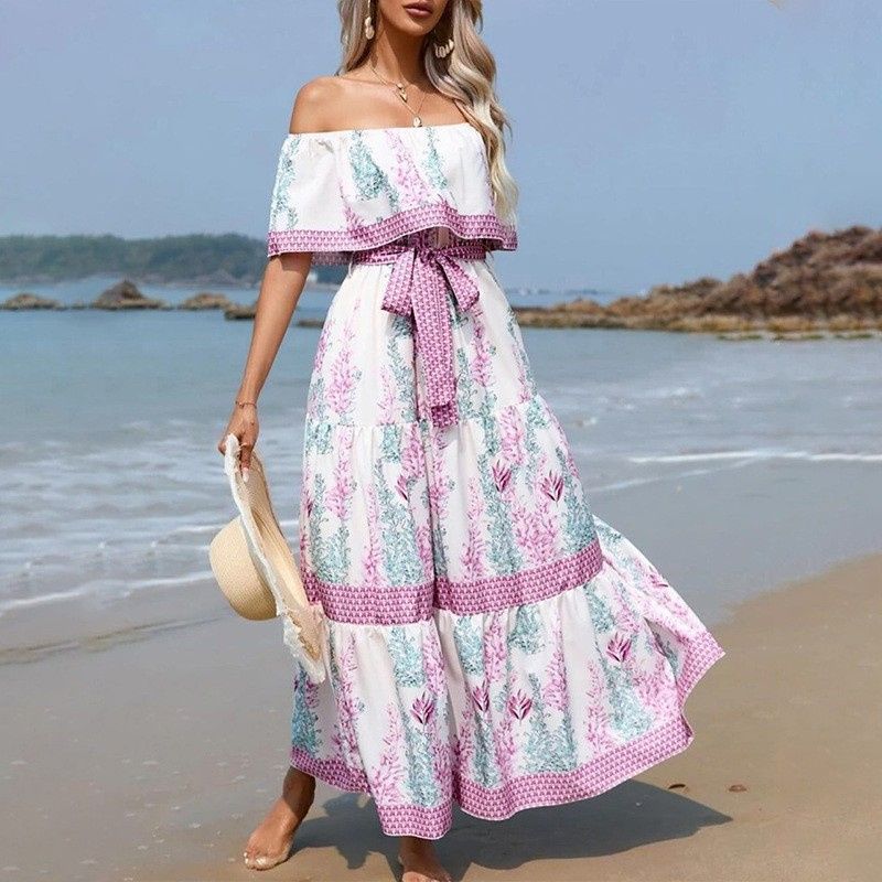 NEW! Stylish Women's Maxi Dress Elegant One-Shoulder Print Flared Long Skirt Perfect for Vacation & Daily Wear Versatile Fashion Dress