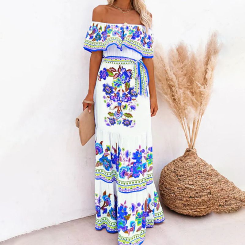 NEW! Stylish Women's Maxi Dress Elegant One-Shoulder Print Flared Long Skirt Perfect for Vacation & Daily Wear Versatile Fashion Dress