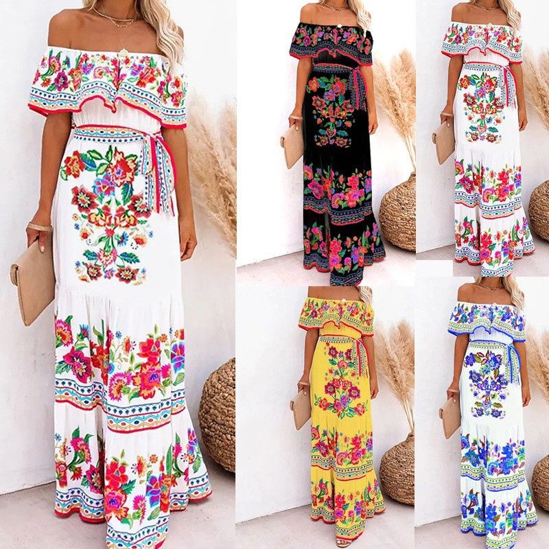 NEW! Stylish Women's Maxi Dress Elegant One-Shoulder Print Flared Long Skirt Perfect for Vacation & Daily Wear Versatile Fashion Dress