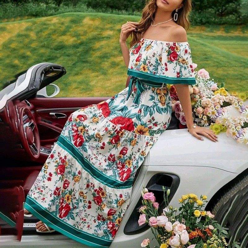 NEW! Stylish Women's Maxi Dress Elegant One-Shoulder Print Flared Long Skirt Perfect for Vacation & Daily Wear Versatile Fashion Dress
