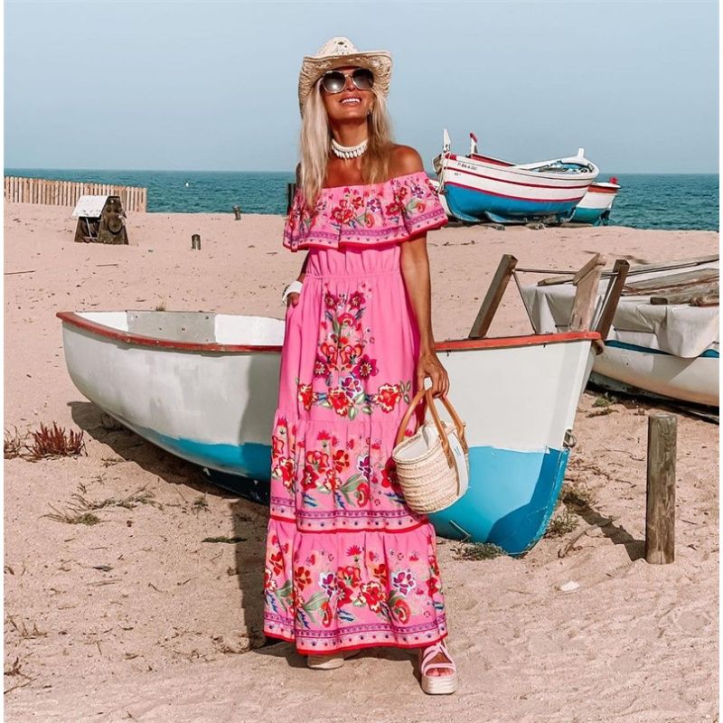 NEW! Stylish Women's Maxi Dress Elegant One-Shoulder Print Flared Long Skirt Perfect for Vacation & Daily Wear Versatile Fashion Dress