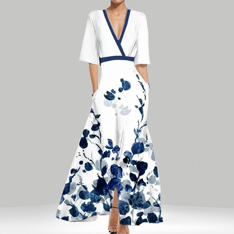New Arrival African Print Women's Dress Elegant V-Neck 3/4 Sleeves Waist-Cinching Fit & Flare Gown for Red Carpet/Banquet/Business Versatile Formal Dress with Flowy Maxi Skirt