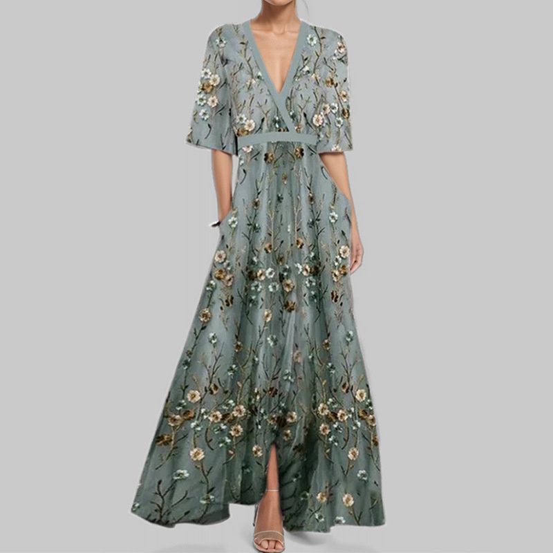 New Arrival African Print Women's Dress Elegant V-Neck 3/4 Sleeves Waist-Cinching Fit & Flare Gown for Red Carpet/Banquet/Business Versatile Formal Dress with Flowy Maxi Skirt