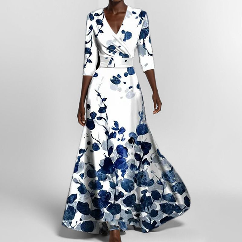 New Arrival African Print Women's Dress Elegant V-Neck 3/4 Sleeves Waist-Cinching Fit & Flare Gown for Red Carpet/Banquet/Business Versatile Formal Dress with Flowy Maxi Skirt