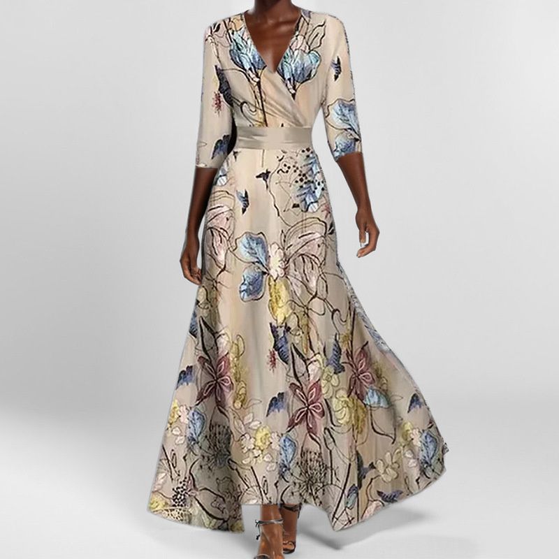 New Arrival African Print Women's Dress Elegant V-Neck 3/4 Sleeves Waist-Cinching Fit & Flare Gown for Red Carpet/Banquet/Business Versatile Formal Dress with Flowy Maxi Skirt