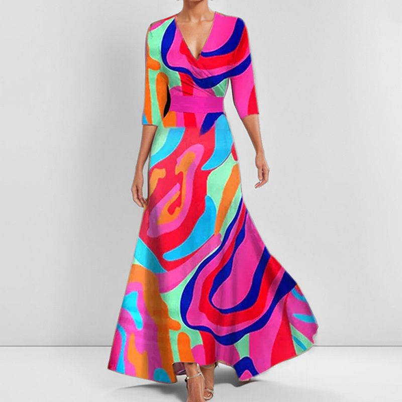 New Arrival African Print Women's Dress Elegant V-Neck 3/4 Sleeves Waist-Cinching Fit & Flare Gown for Red Carpet/Banquet/Business Versatile Formal Dress with Flowy Maxi Skirt