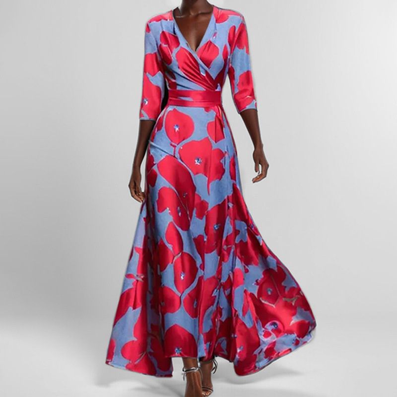 New Arrival African Print Women's Dress Elegant V-Neck 3/4 Sleeves Waist-Cinching Fit & Flare Gown for Red Carpet/Banquet/Business Versatile Formal Dress with Flowy Maxi Skirt