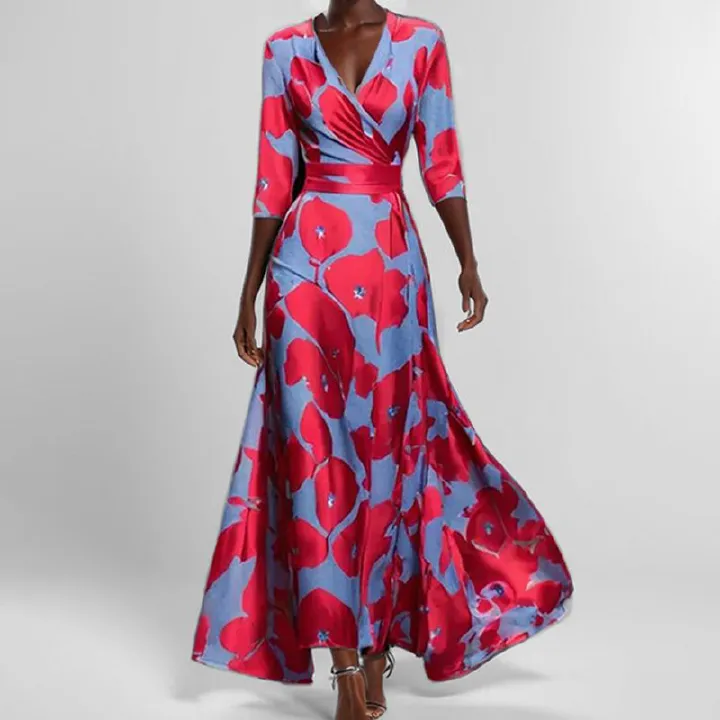 New Arrival African Print Women's Dress Elegant V-Neck 3/4 Sleeves Waist-Cinching Fit & Flare Gown for Red Carpet/Banquet/Business Versatile Formal Dress with Flowy Maxi Skirt