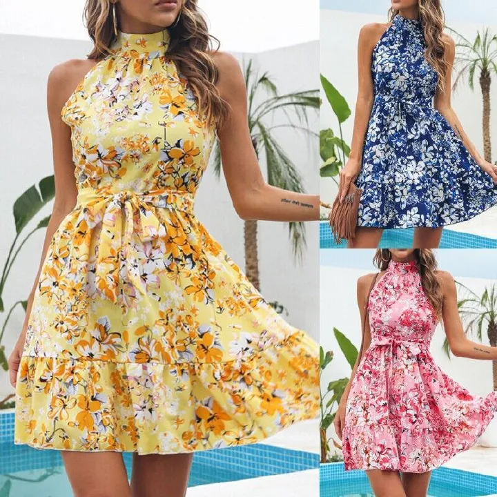 Summer New Arrival Women's Floral Dress - Cool & Breezy Tie-Waist Ruffle Flared Midi Skirt - Elegant for Commuting/Street Style - Versatile Floral Print Dresses