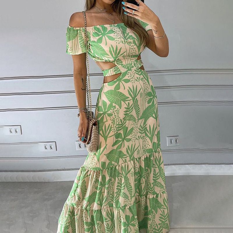 New Arrival African Print Women's Dresses - Stylish Off-The-Shoulder Cutout Waist Gown | Ruffled Flared Maxi Skirt with Short Sleeves - Elegant Evening Dress
