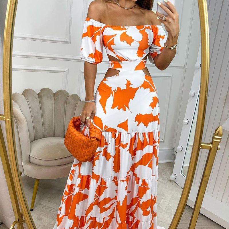 New Arrival African Print Women's Dresses - Stylish Off-The-Shoulder Cutout Waist Gown | Ruffled Flared Maxi Skirt with Short Sleeves - Elegant Evening Dress