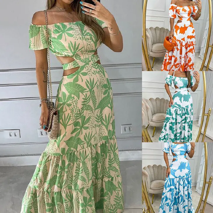 New Arrival African Print Women's Dresses - Stylish Off-The-Shoulder Cutout Waist Gown | Ruffled Flared Maxi Skirt with Short Sleeves - Elegant Evening Dress