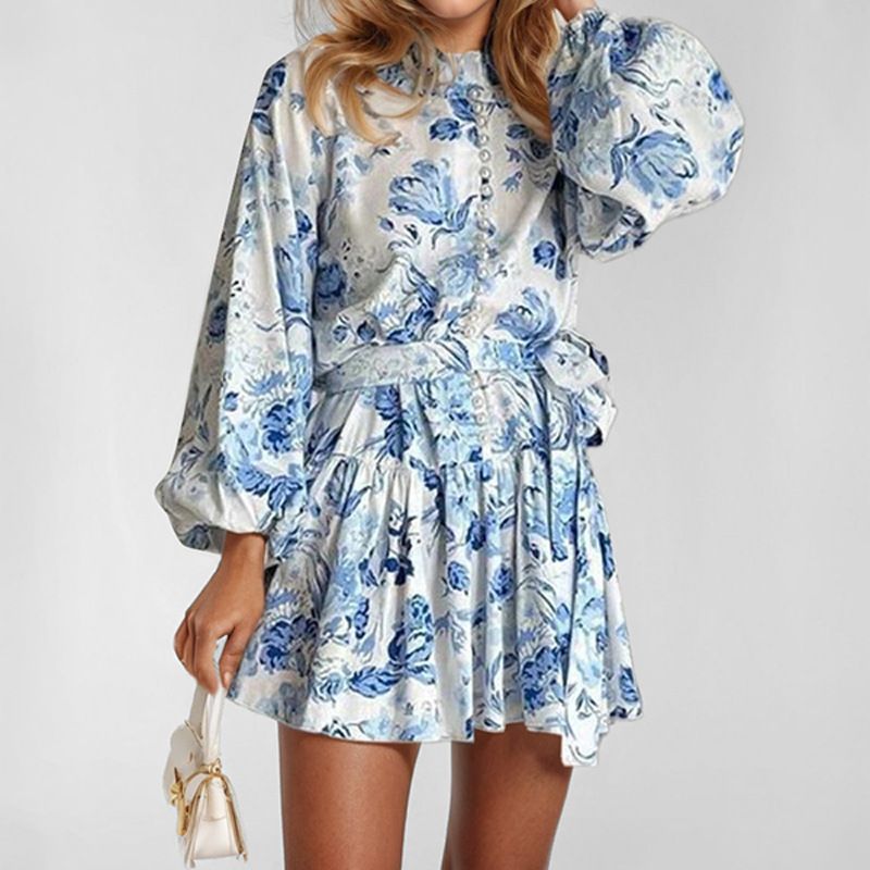 New Arrival Women's Elegant Western Style African Print Dress - Mock Neck Lantern Long Sleeves Tie-Waist Midi Skirt - Cool Breathable Fabric - Versatile for Office & Casual Wear