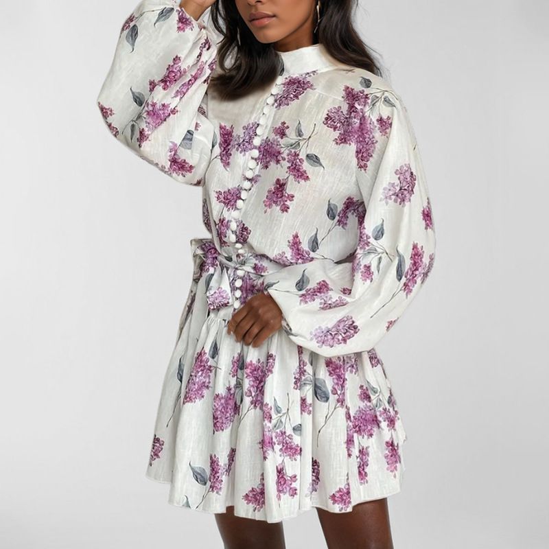 New Arrival Women's Elegant Western Style African Print Dress - Mock Neck Lantern Long Sleeves Tie-Waist Midi Skirt - Cool Breathable Fabric - Versatile for Office & Casual Wear