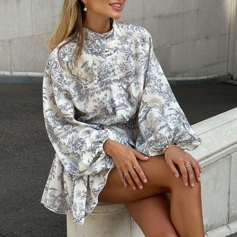 New Arrival Women's Elegant Western Style African Print Dress - Mock Neck Lantern Long Sleeves Tie-Waist Midi Skirt - Cool Breathable Fabric - Versatile for Office & Casual Wear