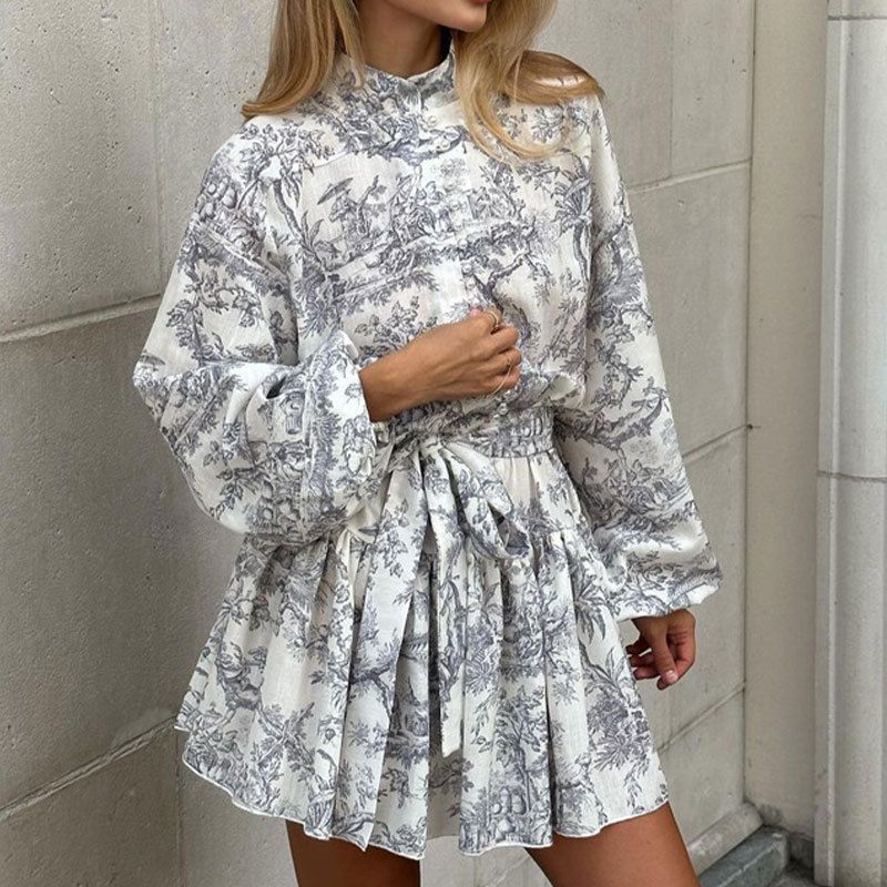 New Arrival Women's Elegant Western Style African Print Dress - Mock Neck Lantern Long Sleeves Tie-Waist Midi Skirt - Cool Breathable Fabric - Versatile for Office & Casual Wear