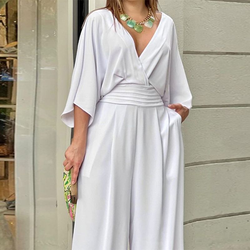 New Arrival Western Style Women's Jumpsuit - Solid Color INS Trendy 3/4 Sleeves | V-Neck Open Back Design | High-Waisted Cinched Wide-Leg Pants - Casual Elegant