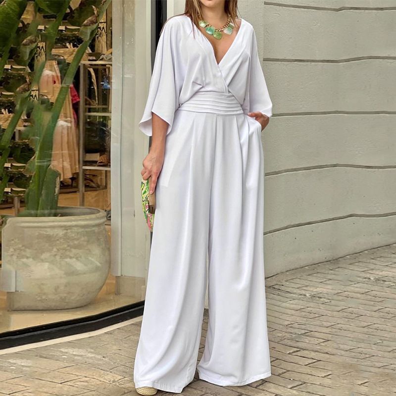 New Arrival Western Style Women's Jumpsuit - Solid Color INS Trendy 3/4 Sleeves | V-Neck Open Back Design | High-Waisted Cinched Wide-Leg Pants - Casual Elegant