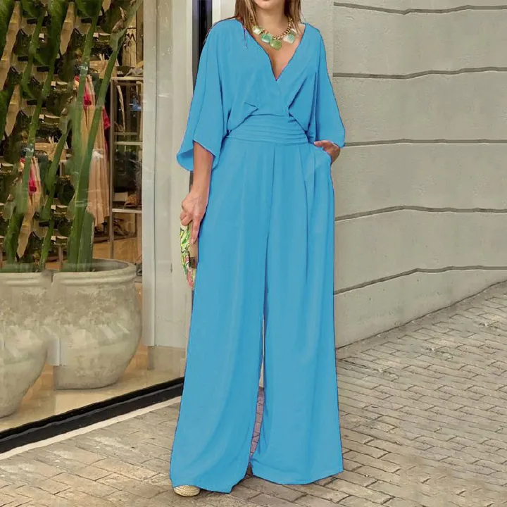 New Arrival Western Style Women's Jumpsuit - Solid Color INS Trendy 3/4 Sleeves | V-Neck Open Back Design | High-Waisted Cinched Wide-Leg Pants - Casual Elegant