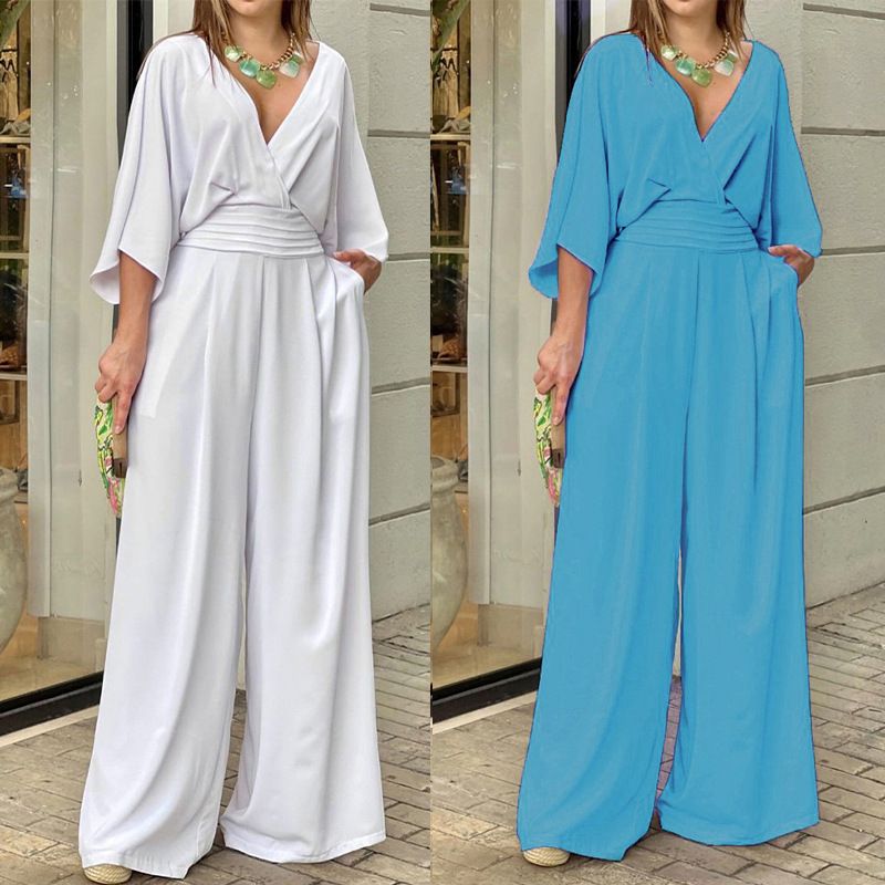 New Arrival Western Style Women's Jumpsuit - Solid Color INS Trendy 3/4 Sleeves | V-Neck Open Back Design | High-Waisted Cinched Wide-Leg Pants - Casual Elegant